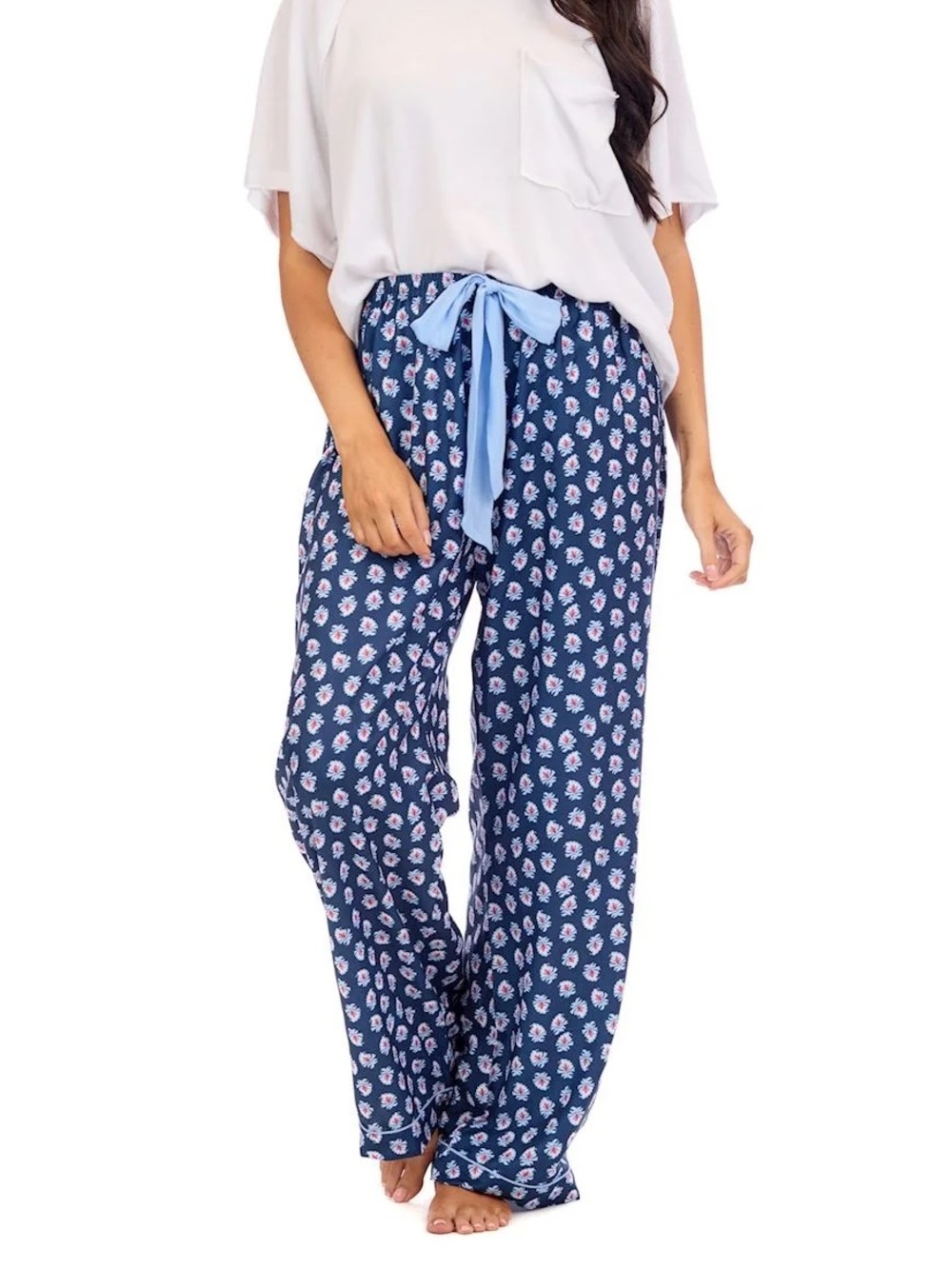 Women's Navy Blue Printed Lounge Pants with Light Blue Tie Waist by Mud Pie